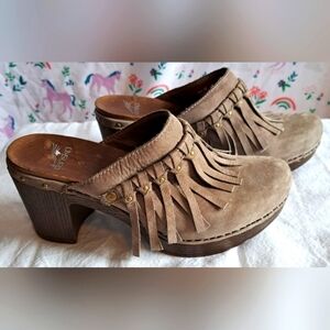 Dansko Taupe Suede Fringe Clogs